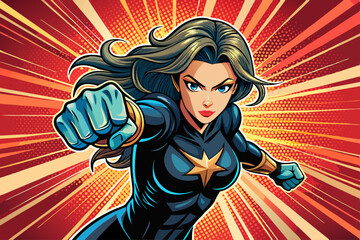 Pop art comic book style super heroine punching