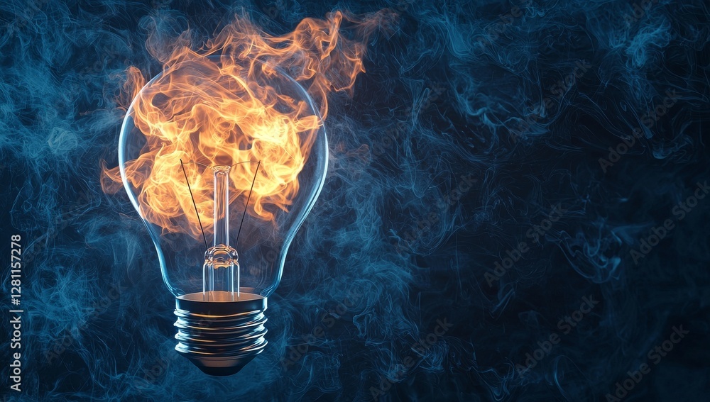 Poster the dramatic lighting in a surreal image of a light bulb containing a single burning matchstick on a