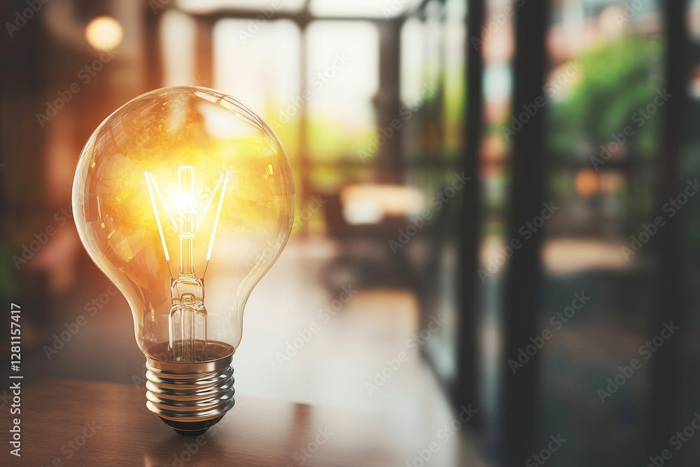 Poster a warm and inviting glow emanates from a light bulb in a modern workspace, where it is surrounded by
