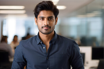 Obraz premium A man in a blue shirt is standing in front of a wall