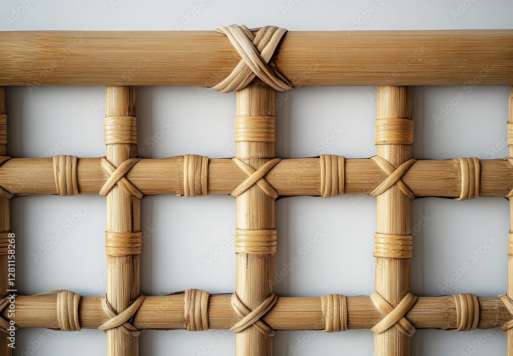 Poster detailed close-up of woven bamboo structure displaying intricate patterns and natural texture suitab