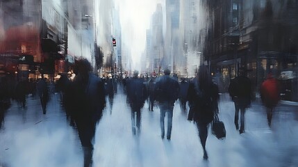 Blurred image of a large crowd of anonymous commuters walking on a busy city street during rush hour traffic  The scene captures the fast paced