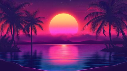 A retro 80s synthwave ocean sunset tropical landscape background