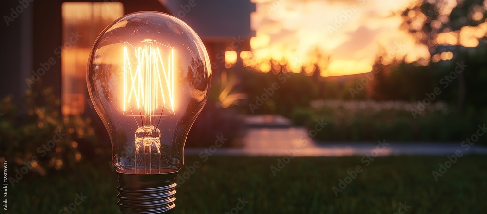 Poster a modern home serves as the background for a banner displaying a smart light bulb that glows, and in