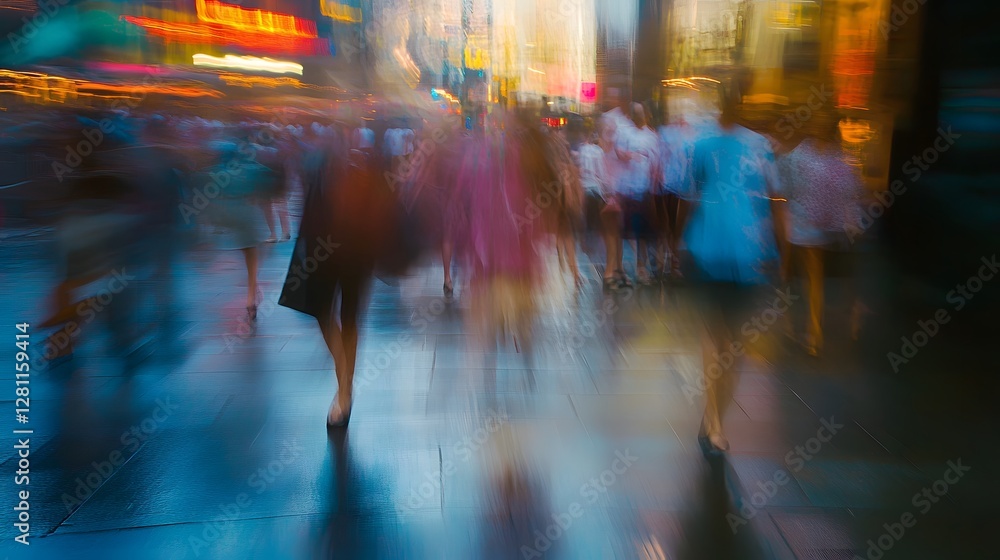 Poster blurred image of an anonymous crowd of people rushing through the busy urban streets in the city cen
