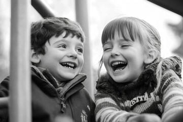 Happy children laughing outdoors, candid joyful moment, playful childhood scene, natural expression, black-and-white photography