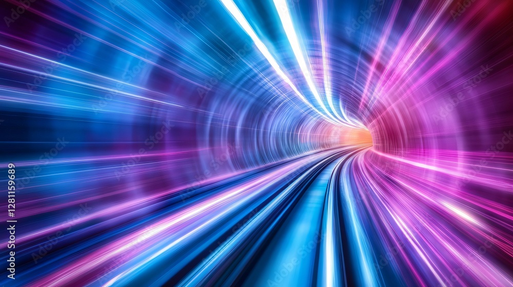 Poster colorful retro 3d visual of neon tunnel featuring dynamic light trails and abstract paths