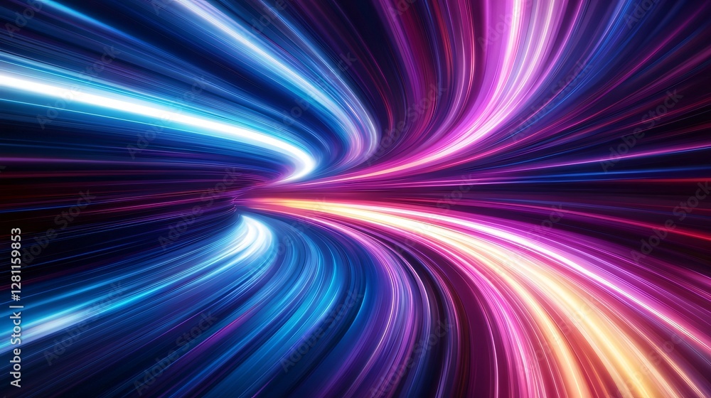 Poster high-speed 3d neon tunnel with glowing light trails racing in dynamic abstract retro space