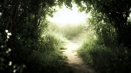 Fototapeta premium Sunlit Path Through Lush Green Forest