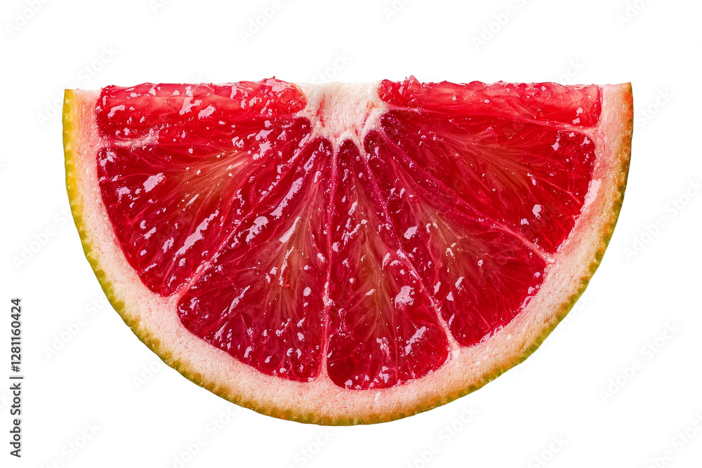 Poster bright and juicy slice of fresh ruby red grapefruit on white background