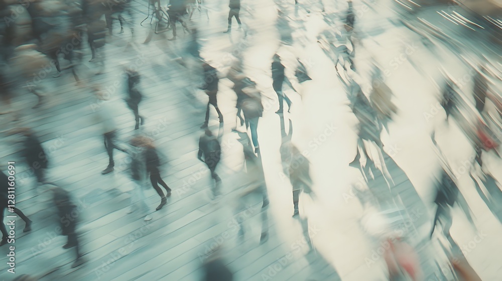 Poster blurred indistinct figures moving rapidly through a bustling urban environment conveying a sense of 