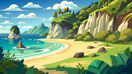 A panoramic picture of Cathedral Cove Beach on a summer day, completely empty. The scenic  captures its natural beauty in the daylight.