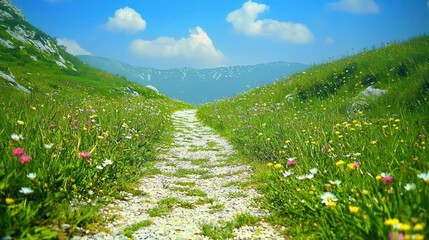 Serene Mountain Path Through Wildflowers