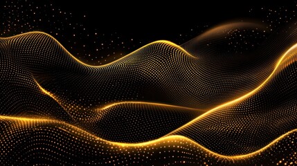 Abstract golden wave particles on black background.