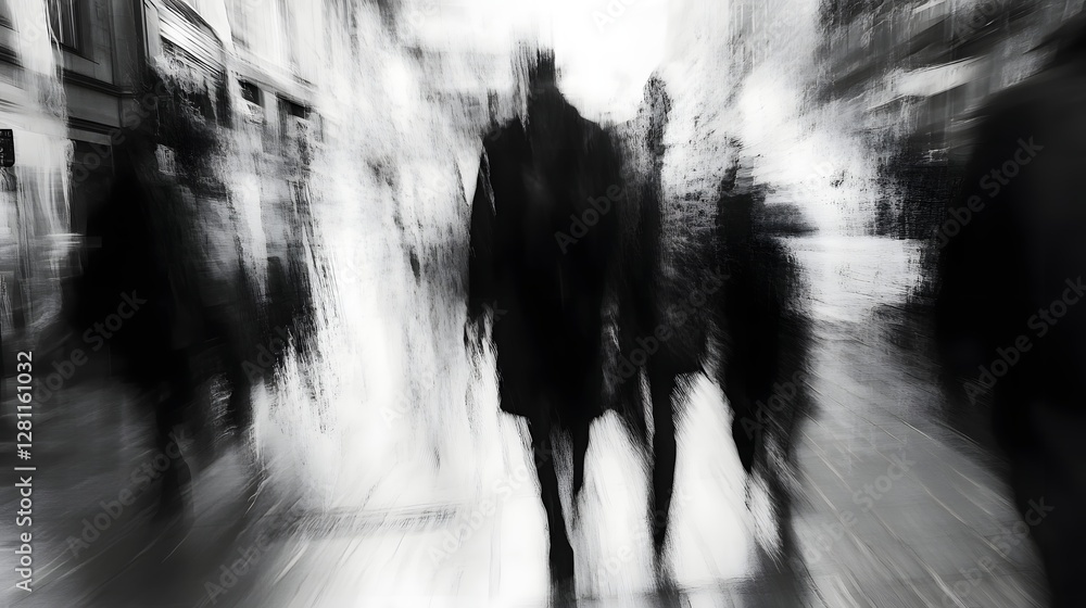 Poster blurred indistinct figures moving through a crowded dynamic city street creating an abstract atmosph