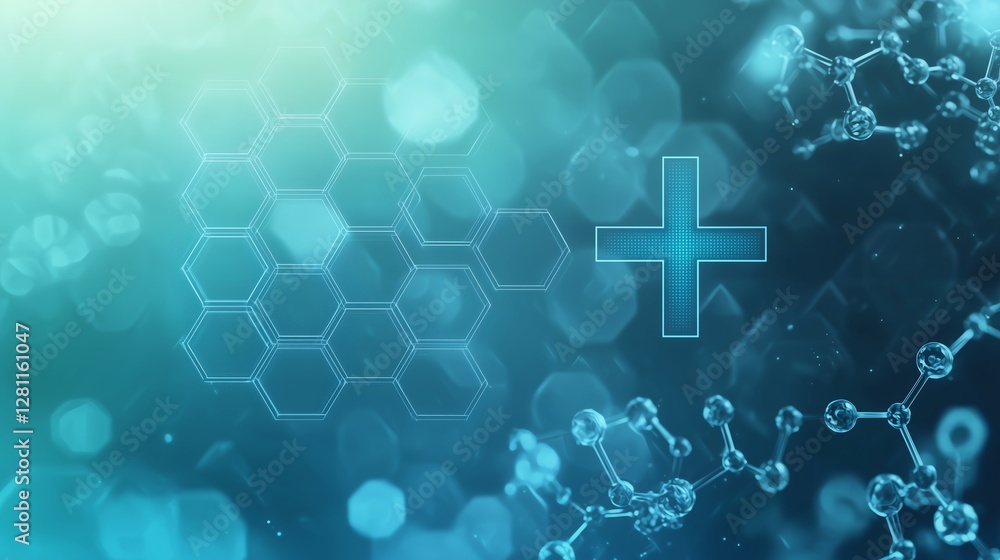 Poster minimalist medical abstract background with a glowing blue cross, molecular patterns, and light hexa