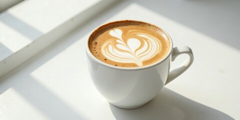 Sunlit Latte Art in a White Cup on a Bright Surface