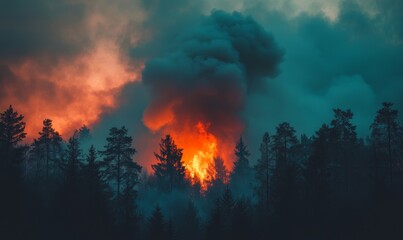 Dramatic Evening Forest Fire in Countryside with Thick Smoke and Cloudy Sky Depicting Environmental Crisis and Natural Disaster, Generative AI
