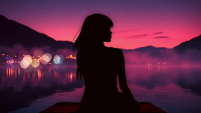 Anime Girl Sitting by the Lake at Sunset. Perfect for lo-fi, chill, and emotional music. Seamless looping time lapse animation video background, lo-fi art.

