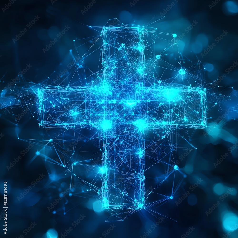 Poster digital medical cross with futuristic pulse waves and molecular structures, representing advanced he