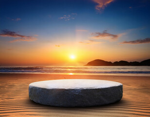 Blank rock podium stand on a tropical beach. Empty stone display platform on a white sand beach with sunrise or sunset sky. Minimalist coastal scene for product display, mockups, and relaxing themes.