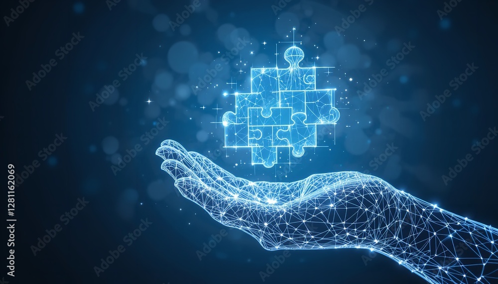 Aufkleber digital hand holding abstract puzzle solution network technology blue data lines light future design