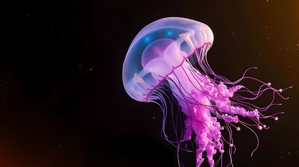 Naklejka premium A transparent white jellyfish glowing purple under the deep, dark, pitch-black ocean. Mysterious.