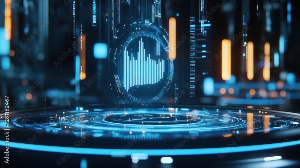 Poster futuristic holographic display showing financial data on a circular platform.