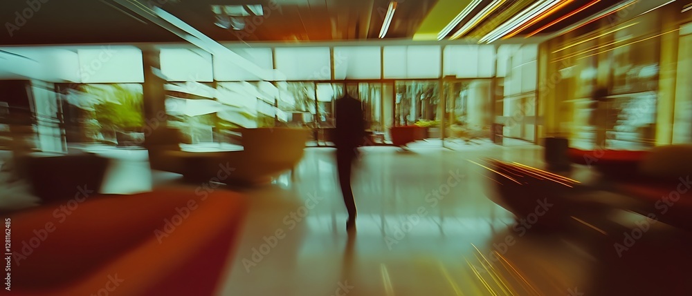 Poster blurred motion and vibrant colors in a dynamic architectural hallway depicting a transformative busi