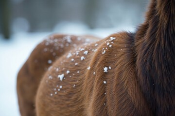 Close-up of a Chestnut-Colored Mammal's Coat Dusted with Fresh Snowflakes in a Winter Setting