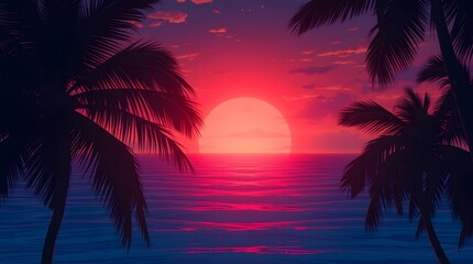 Tropical Sunset With Palm Trees Overlooking Tranquil Sea Waves on the Beach