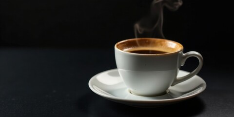 Aromatic Dark Roast Coffee in a White Cup on a Saucer, Steam Rising, Dark Background