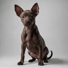 "A Xoloitzcuintli puppy with sleek fur standing on a pure white background."