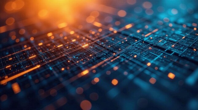 Abstract Digital Network Glowing Lines and Nodes Interconnect Across a Futuristic Circuit Board - Powered by Adobe