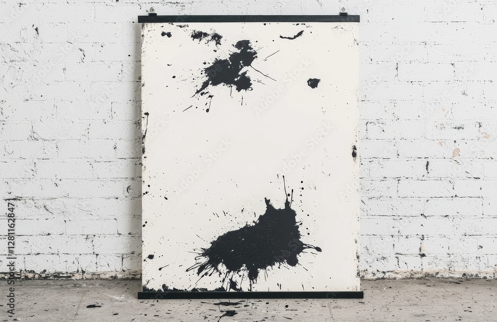 Poster template for a blank black picture frame to insert an image or text on a white brick wall background