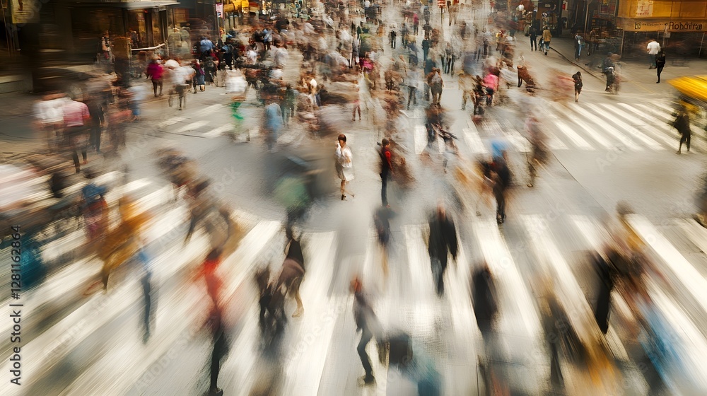 Poster Blurred motion captures the dynamic energy and fast paced hustle of crowded pedestrians rushing across a busy city street during the rush hour commute  The image showcases the vibrant