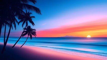 A beautiful tropical sunset featuring palm trees framing a vividly colorful ocean horizon, evoking a serene and tranquil feeling, perfectly capturing the magnificence of nature's twilight display.