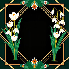 Art Deco Geometric Snowdrops Frame in Gold and Teal with Botanical Elements