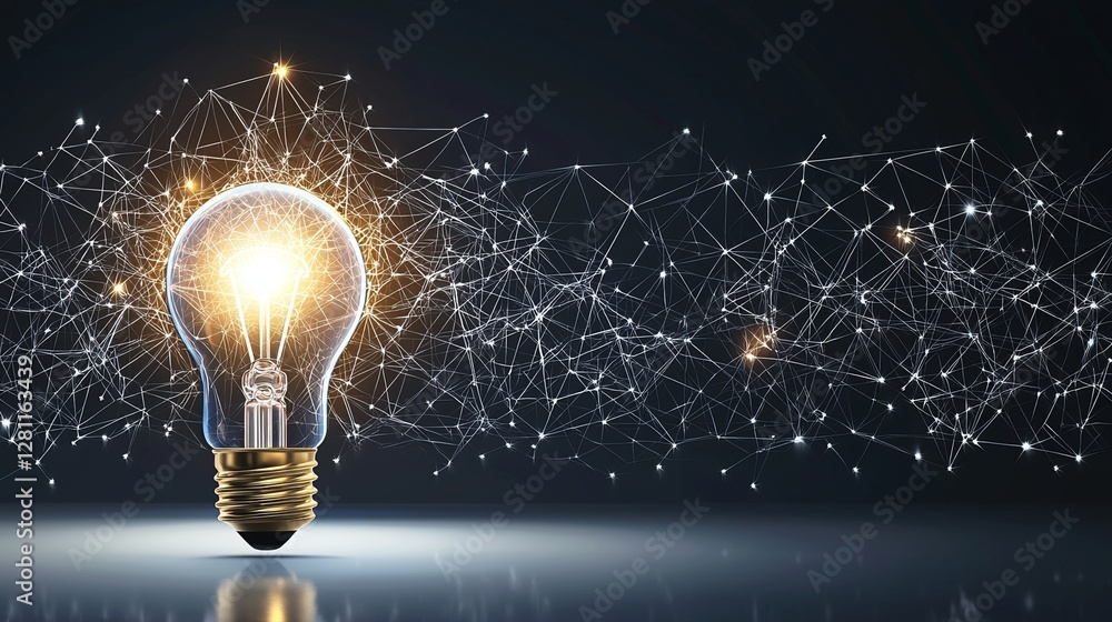 Poster multiple small, non-functioning lightbulbs are positioned around a single, large glowing light bulb,