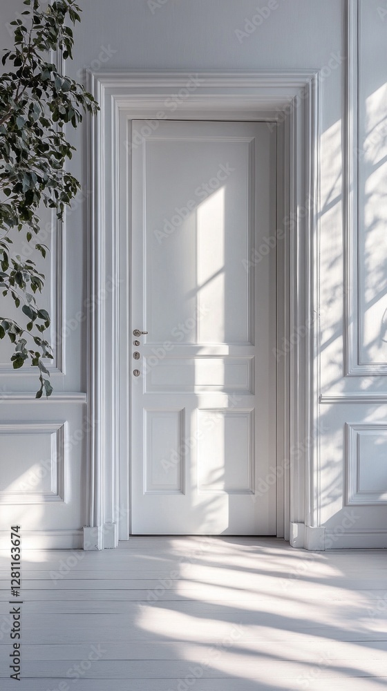 Poster soft sunlight streams through an open door, illuminating a spacious room adorned with white walls an