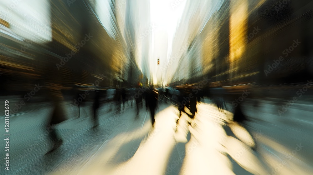 Poster Blurred motion depicting the dynamic fast paced energy of a crowded city street with towering skyscrapers and urban architecture in the background