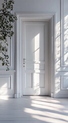 Fototapeta premium Soft sunlight streams through an open door, illuminating a spacious room adorned with white walls and intricate moldings