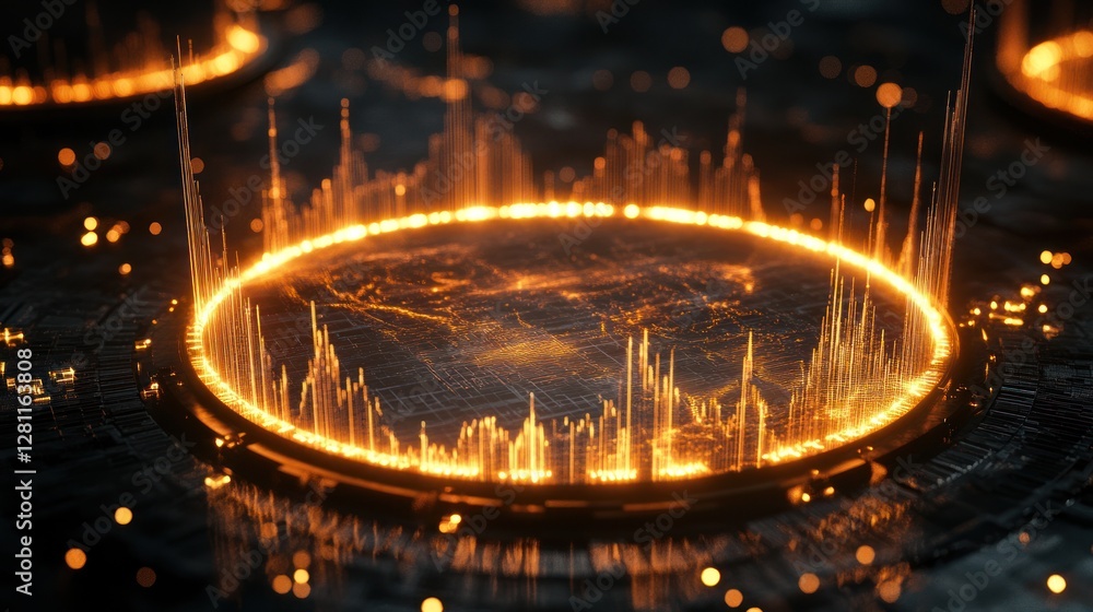 Poster fiery glowing circular energy field with data streams.