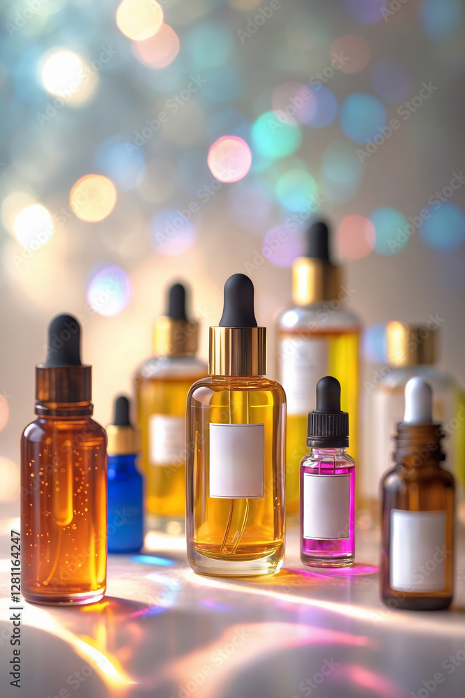 Poster decorative arrangement of various essential oils in glass bottles with droppers on a sparkling backg