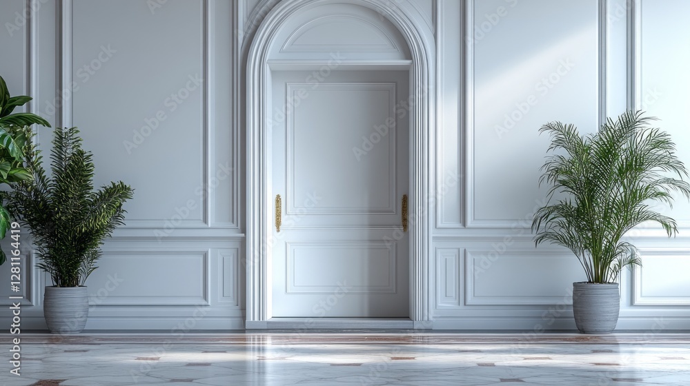 Poster Sunlight filters through an open door, illuminating the spacious room with white walls and polished marble floors. Lush plants stand in harmony, enhancing the serene ambiance and inviting exploration
