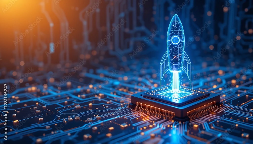 Aufkleber digital rocket launch on circuit board technology startup innovation chip blue dark data speed power