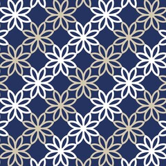 Geometric Floral Pattern with White and Beige Petals on Navy Blue Background. Perfect for cards, gift paper, design cardboard, scrapbooking, design projects, decor
