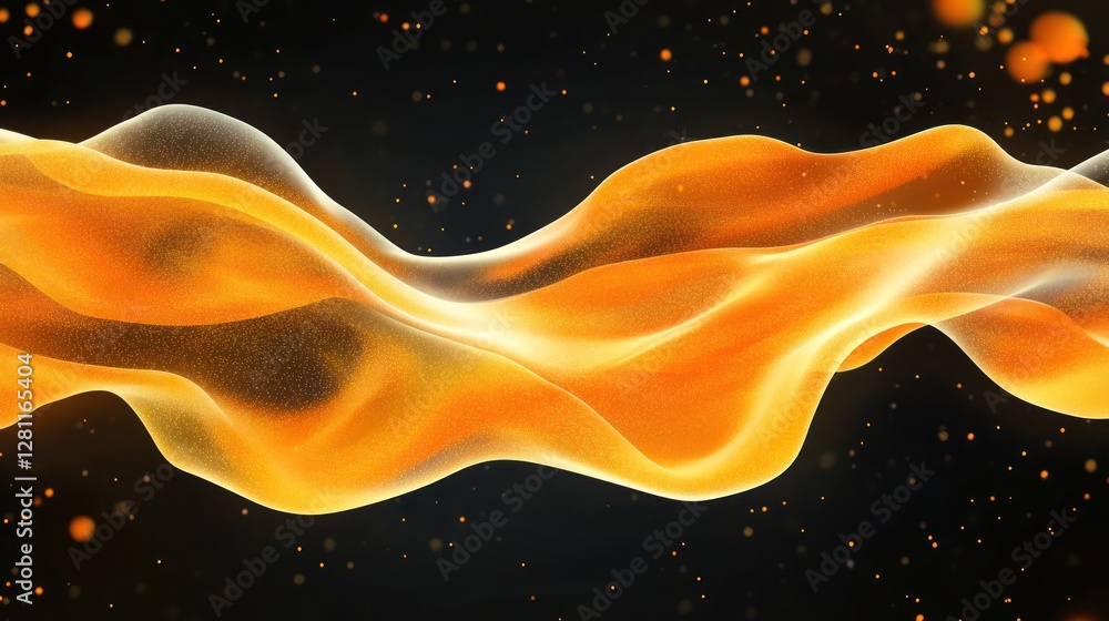 Poster abstract orange wave flowing on black background with golden particles.