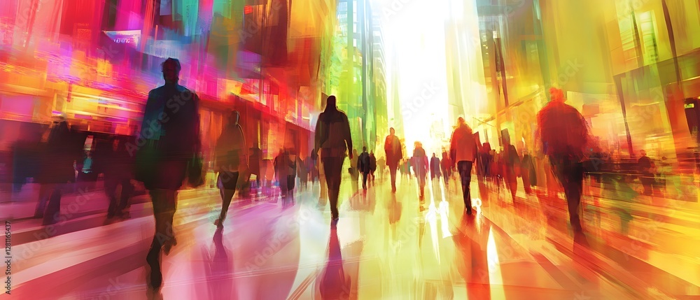 Poster Blurred motion image of a crowd of commuters walking through a vibrant colorful cityscape with modern high rise buildings symmetrical architectural elements and a sense of energy and motion