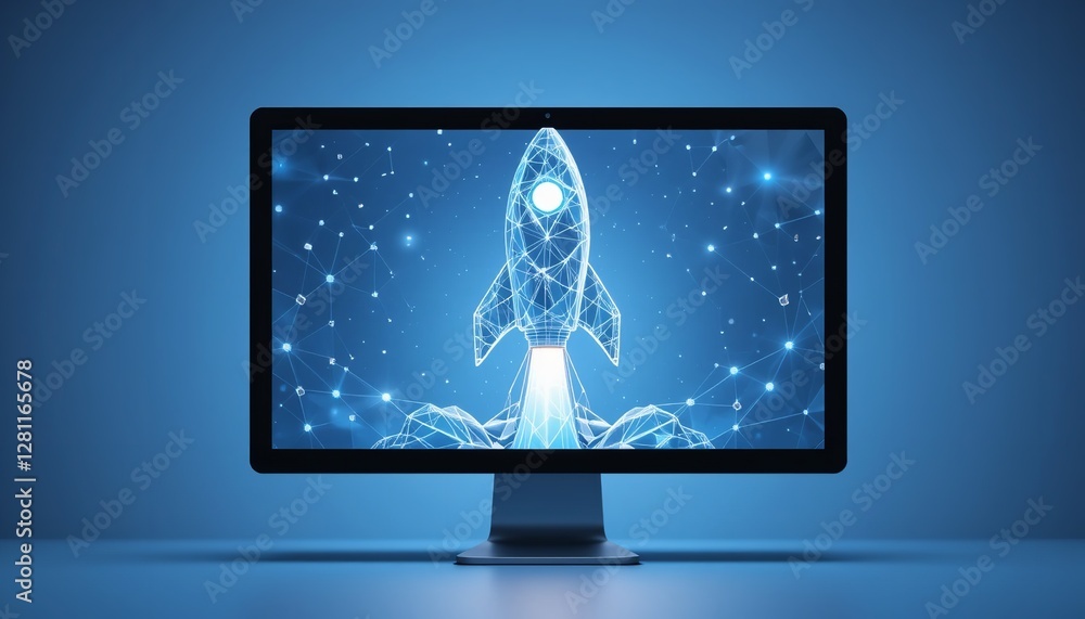 Aufkleber digital rocket launch startup success technology innovation concept web blue data speed power light